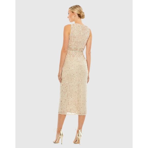 MAC DUGGAL Women's Beige Sequined Sleeveless V-Neck Midi Sheath Dress Size 6 - Picture 2 of 9